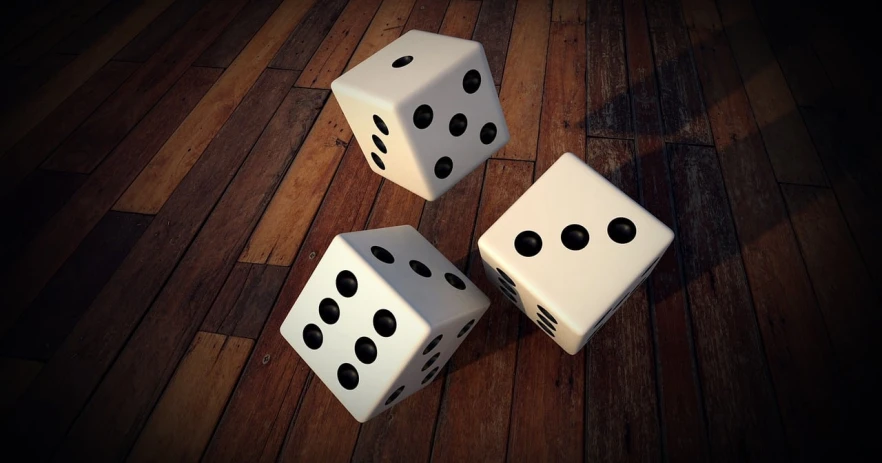 three white dice sitting on top of a wooden floor, pixabay, digital art, scattered props, las vegas, six sided, photo render