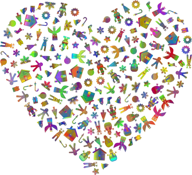 a heart filled with lots of different types of toys, vector art, inspired by Lisa Frank, pixabay, shimmering and prismatic, black, vector shapes, !!! very coherent!!! vector art