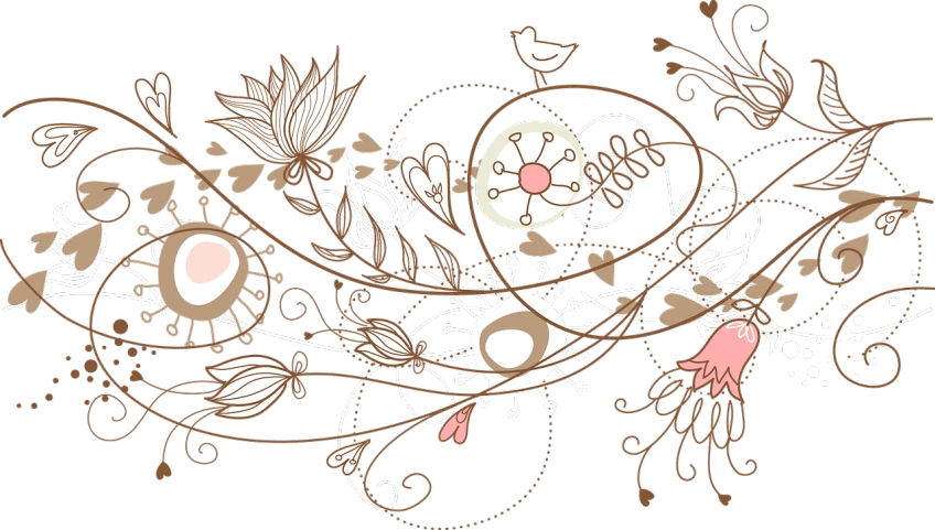 a drawing of flowers and birds on a black background, vector art, deviantart, background full of brown flowers, header, (((intricate))), funky