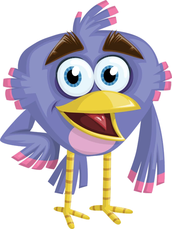 a cartoon blue bird with a pink beak, inspired by Charles Bird King, huge surprised eyes, uhd character details, torri, large purple eyes