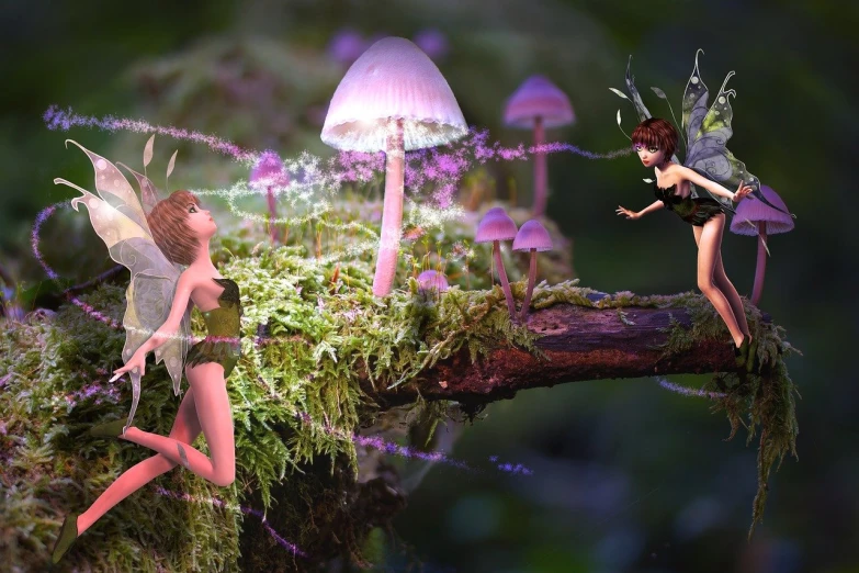 a couple of fairy dolls sitting on top of a tree branch, trending on cg society, digital art, glowing spores flying, mycena acicula, stunning 3d render of a fairy, tinkerbell