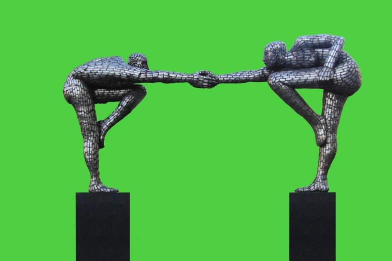 a couple of statues sitting on top of each other, a surrealist sculpture, inspired by Sir Jacob Epstein, new sculpture, green legs, winning award image, rendering of checkmate, 1 0 0 0 mm