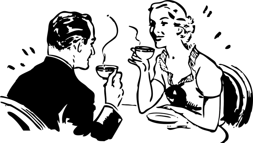 a black and white photo of a man and a woman, vector art, inspired by Wojciech Siudmak, reddit, serial art, scene from a dinner party, black backround. inkscape, mafia, dark people discussing