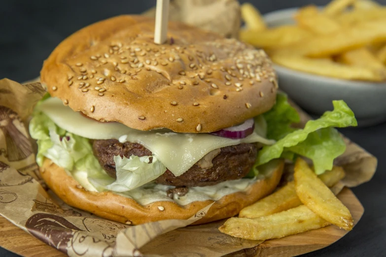 a hamburger sitting on top of a wooden cutting board next to a bowl of fries, by Aleksander Gierymski, pexels, avatar image, close - up photo, foodphoto