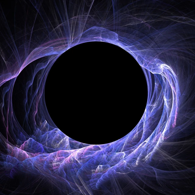 a computer generated image of a black hole, digital art, abstract illusionism, high quality fantasy stock photo, black sun with purple eclipse, pale blue glowing cybernetic eye, fractal frame