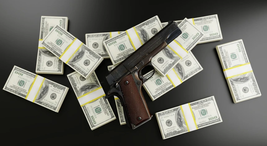 a gun sitting on top of a pile of money, a portrait, conceptual art, hyper realistic 3 d render, on a black background, colt, $100000000