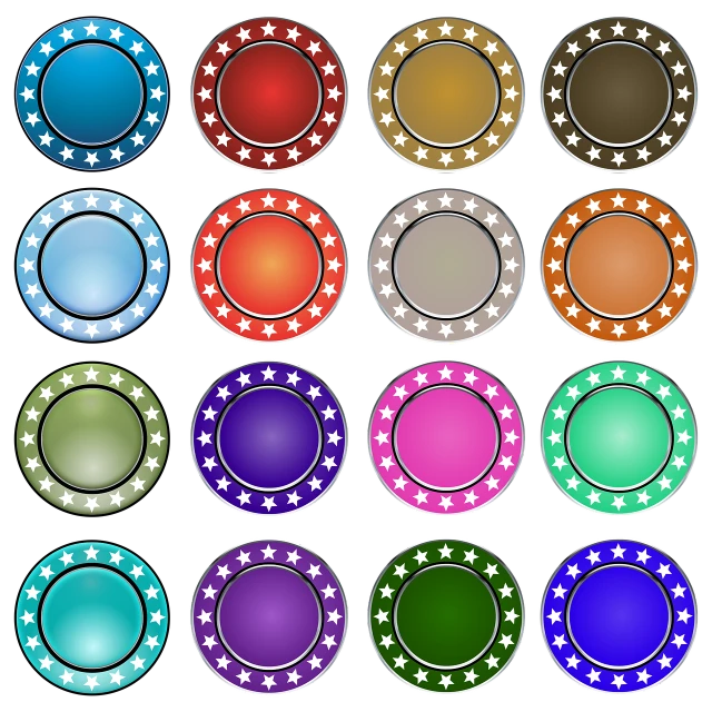 a set of colored poker chips on a black background, digital art, inspired by Masamitsu Ōta, beauttiful stars, 1 6 colors, metallic buttons, lens orbs