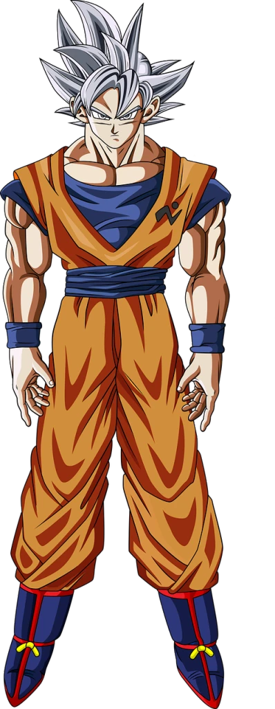 a drawing of goku from dragon ball, a digital rendering, sōsaku hanga, sleeveless, full body picture, :14 80s anime style, detail