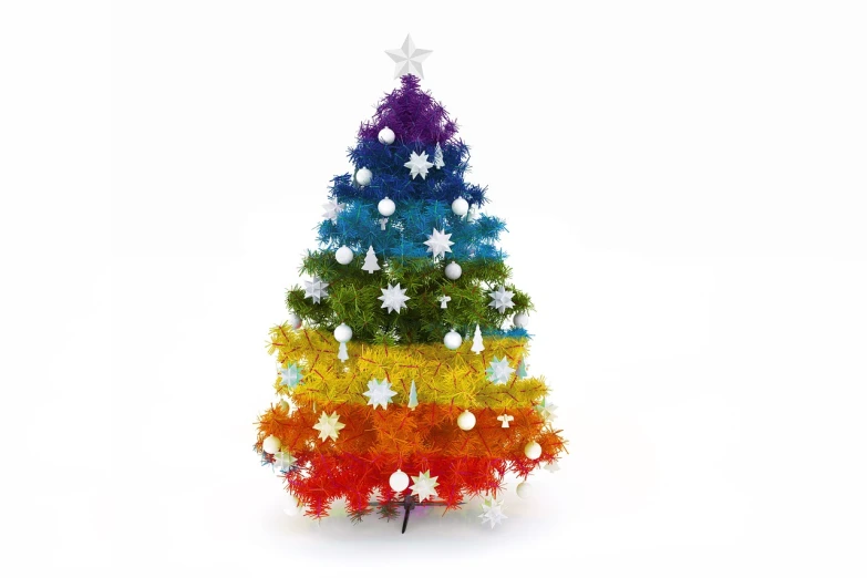 a multicolored christmas tree on a white background, a digital rendering, shutterstock, minimalism, rainbow fur, very accurate photo, 3d model, full of colour 8-w 1024