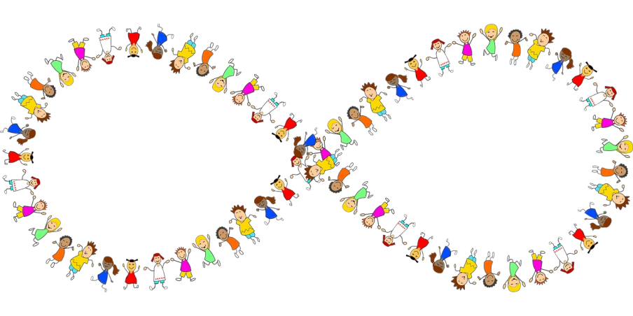 a group of people standing in a circle, by Aleksander Kotsis, generative art, from family guy, dna helix, on a flat color black background, cheerios