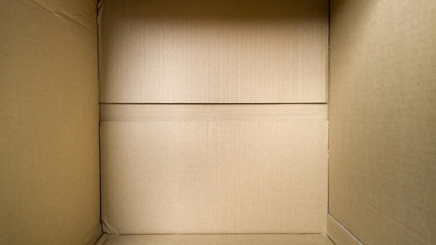 an open cardboard box sitting on top of a floor, a stock photo, by Richard Carline, shutterstock, bottom - view, yellowing wallpaper, close macro photo. studio photo, difraction from back light