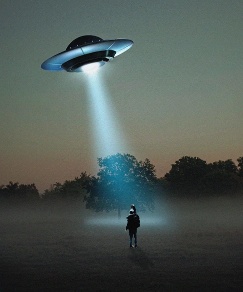 a man standing in the middle of a field under a flying saucer, a hologram, by Robert Peak, shutterstock, alien abduction, fog!!!, she is arriving heaven, wayne barlowe pierre pellegrini