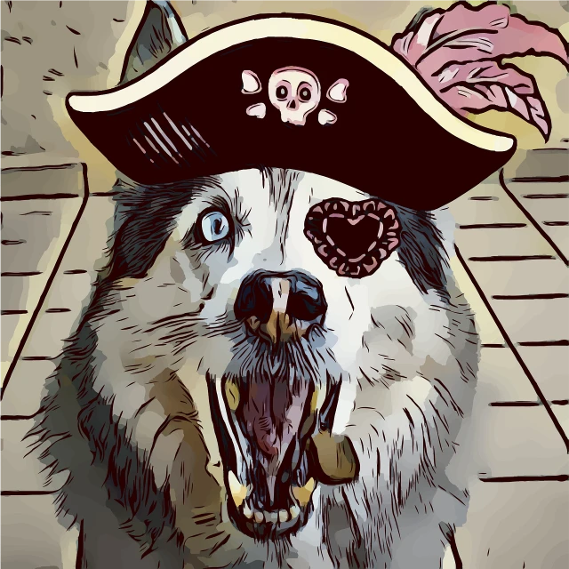 a dog wearing a pirate hat and smoking a pipe, an illustration of, inspired by Chica Macnab, shutterstock, furry art, siberian husky, eye patch, highly detailed photo of happy, scary art in color