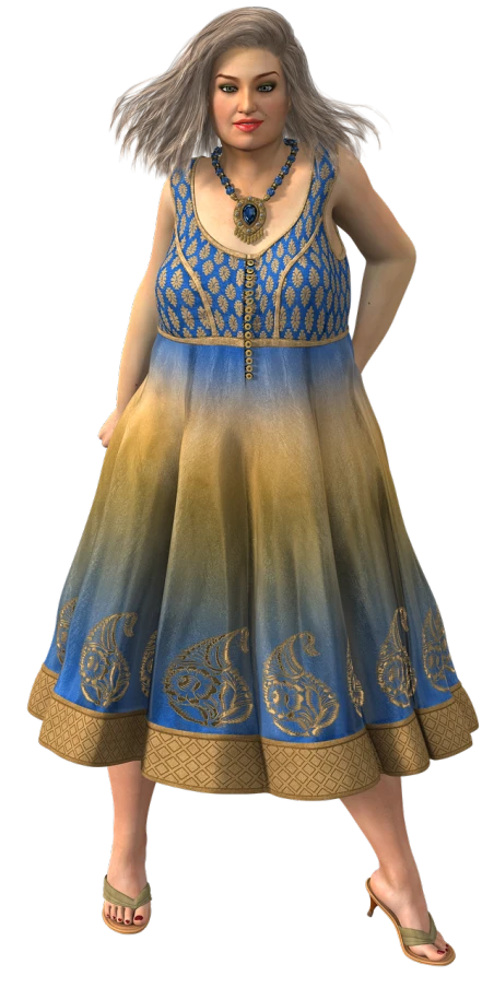 a woman in a blue and gold dress, a 3D render, inspired by Sudip Roy, curvy, realistically rendered clothing, fashion gameplay screenshot, medium detail