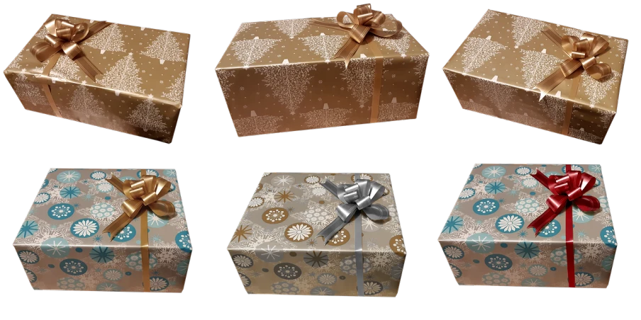 a set of four gift boxes with bows and a pair of scissors, by Siona Shimshi, trending on polycount, digital art, ethereal gold and silver tones, panorama, cell shading. buy now! ( rb 6 s, patterned