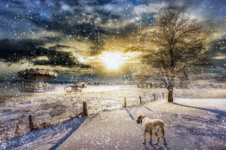 a dog that is standing in the snow, inspired by Terry Redlin, pixabay contest winner, magical realism, horse in background, tom chambers photography, sun after a storm, holiday season
