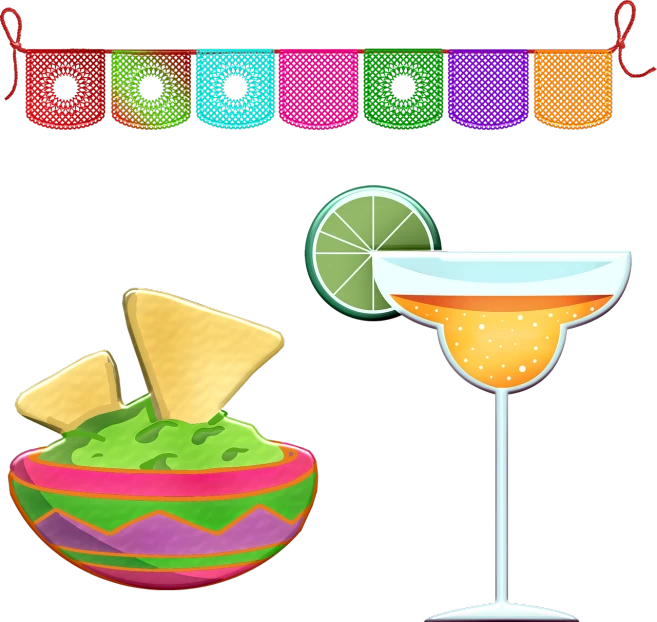 a close up of a bowl of food and a drink, a digital rendering, by Brigette Barrager, pixabay contest winner, naive art, sombrero, body covers with neon crystals, game icon asset, flag