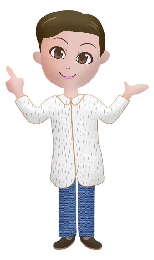 a cartoon boy wearing a white shirt and blue pants, a digital rendering, inspired by Masamitsu Ōta, pixabay, naive art, wearing a labcoat, wearing a silk kurta, waving, male physician