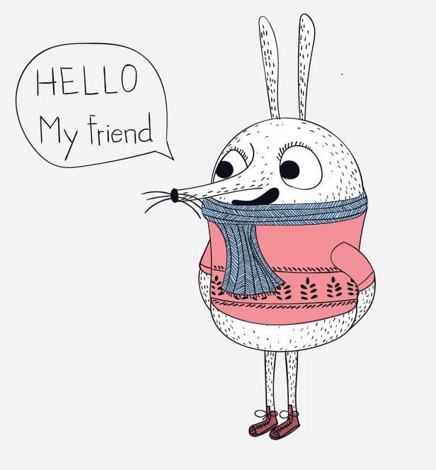 a cartoon rabbit wearing a sweater and scarf, by Silvia Pelissero, good friends, hello, doodle, with funny feeling