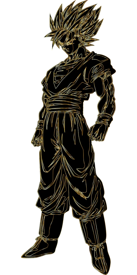 a drawing of goku from dragon ball, vector art, inspired by Tawaraya Sōtatsu, zbrush central, sōsaku hanga, draped in gold, detailed high contrast lighting, wooden statue, clear outfit design