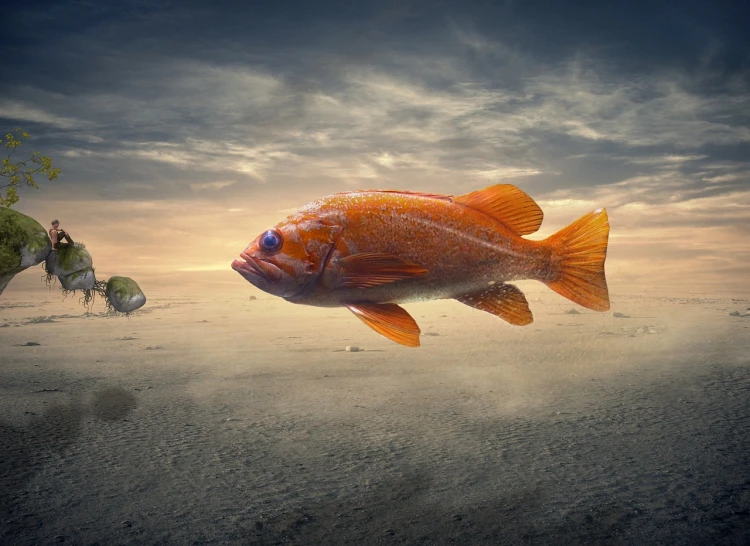 a fish that is flying through the air, digital art, inspired by Filip Hodas, photorealism, martian sands background, mobile wallpaper, floating goldfish, beautiful art uhd 4 k