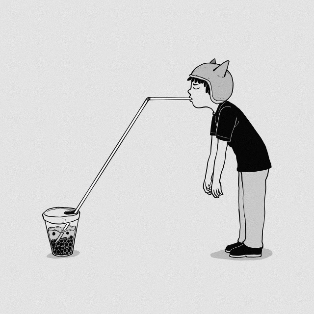 a cat drinking out of a glass with a straw, by Pedro Pedraja, dribble, conceptual art, boy with cat ears and tail, minimal contraption, mostly greyscale, water is made of stardust