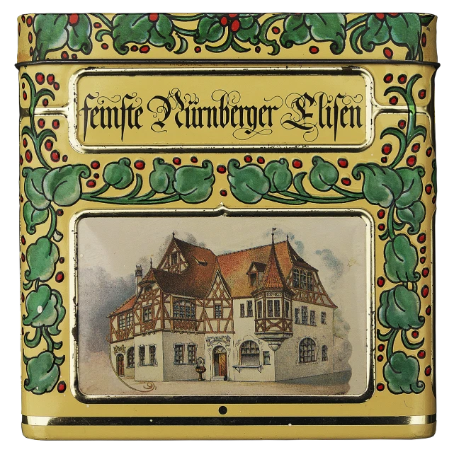 a box with a picture of a building on it, an album cover, inspired by Albin Egger-Lienz, flickr, folk art, gilt-leaf winnower, enamel, 1910 photography, tavern