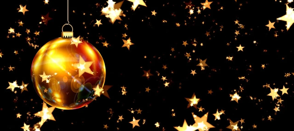 a christmas ornament hanging from a string with stars in the background, digital art, pexels, digital art, black and gold rich color, magical glowing sphere in midair, television still, glass - reflecting - stars