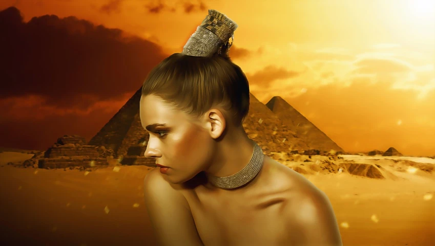 a woman standing in front of a pyramid, egyptian art, inspired by Igor Morski, trending on cg society, half updo hairstyle, relaxed. gold background, gold jewerly, in a style of hyperrealism