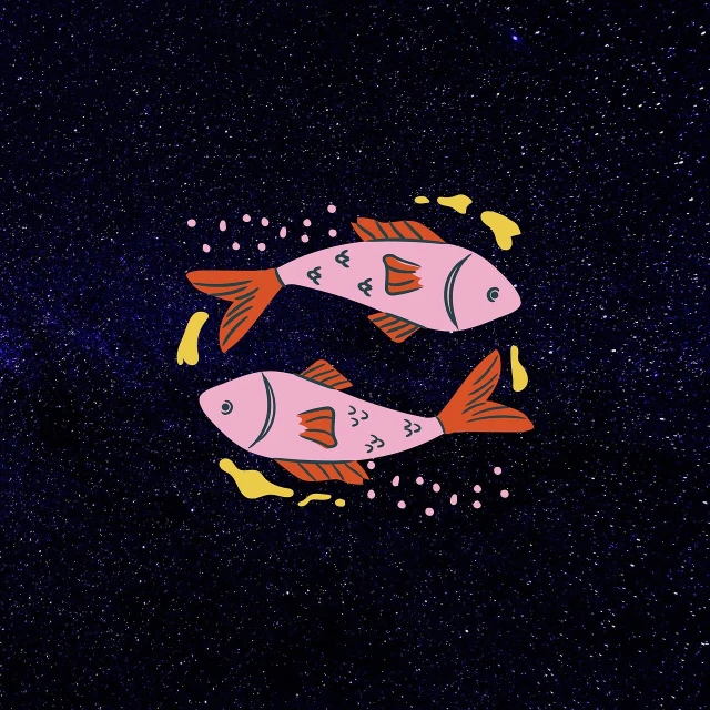 a couple of fish floating on top of a body of water, space art, 💋 💄 👠 👗, trending on vsco, astral patterns, dribbble