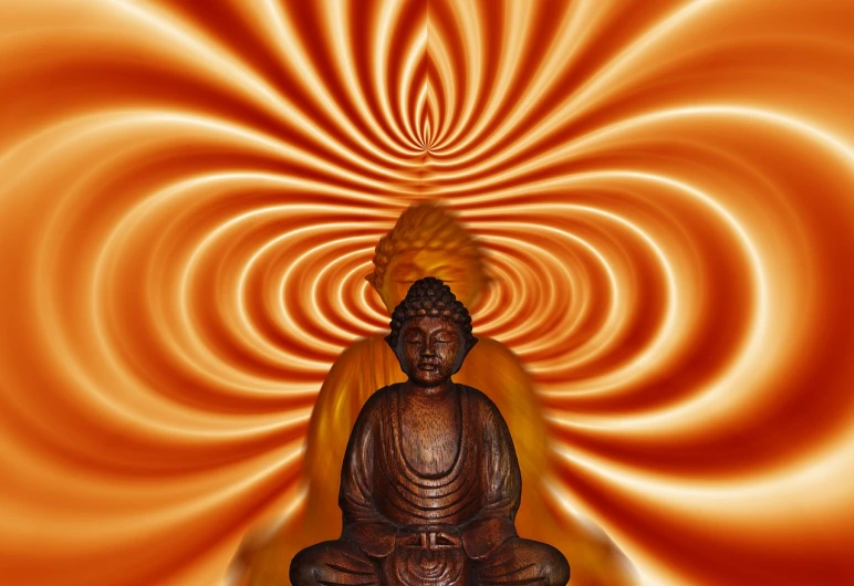 a buddha statue sitting in front of a spiral background, a digital rendering, by Jon Coffelt, psychedelic art, portal to another dimension, orange spike aura in motion, high res photo, centred in image