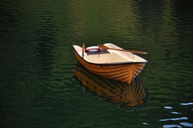 a small boat floating on top of a body of water, a picture, by Richard Carline, flickr, pittsburgh, dingy, tranquility, sienna
