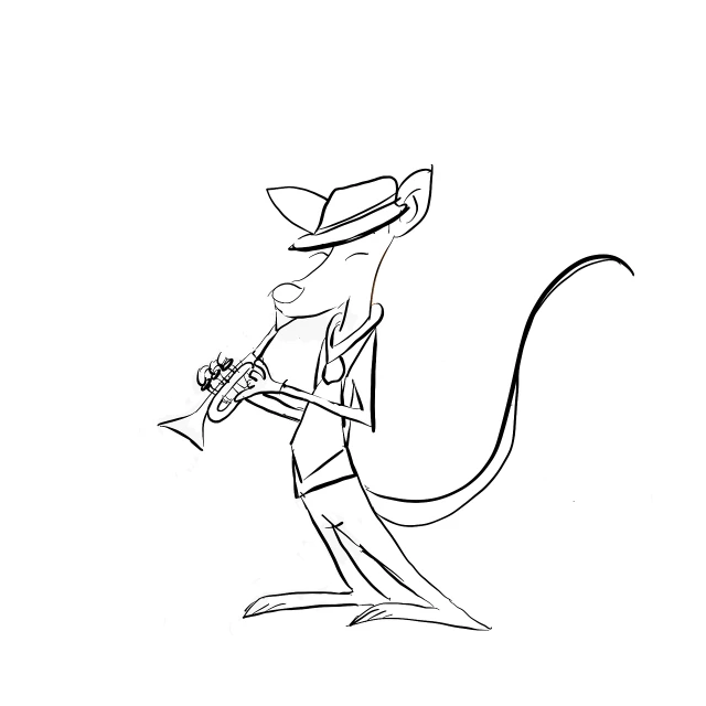 a drawing of a cartoon rat playing a trumpet, concept art, inspired by Don Bluth, conceptual art, spy kangaroo, line work concept art, gecko, movie character