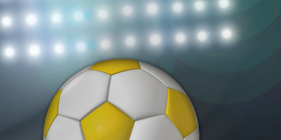 a close up of a soccer ball on a field, a digital rendering, inspired by Arnold Bronckhorst, yellow lighting from right, random background scene, ceramic, silver and yellow color scheme