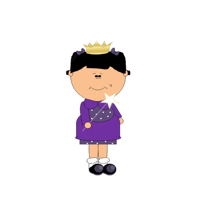 a little girl with a crown on her head, a cartoon, inspired by Master of the Legend of Saint Lucy, digital art, purple and black clothes, wearing a dress made of stars, harry volk clip art style, with a black background
