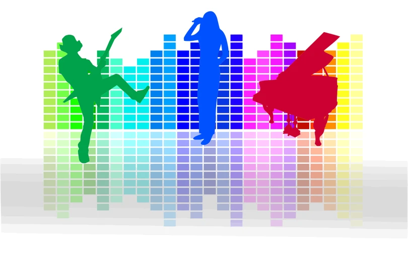 silhouettes of people playing musical instruments in front of an equal equal equal equal equal equal equal equal equal equal equal equal equal equal equal equal equal, an illustration of, trending on pixabay, funk art, highly saturated colors, dancefloor, polychromatic - colors, having a good time