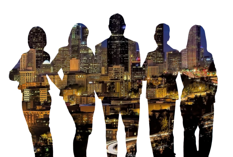 a group of people standing in front of a city at night, by Jon Coffelt, pixabay contest winner, digital art, seattle, people's silhouettes close up, regeneration, minneapolis