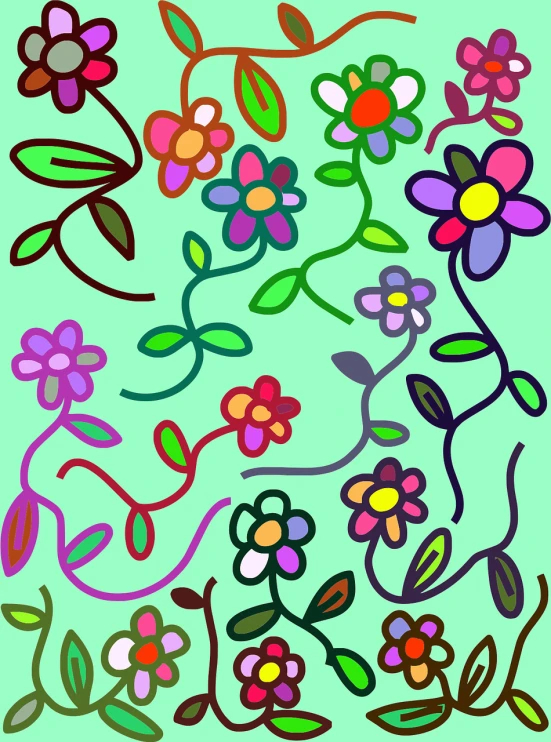 a bunch of different colored flowers on a green background, a digital rendering, inspired by George Aleef, naive art, vines, childs drawing, !!! very coherent!!! vector art, full of colour w 1024