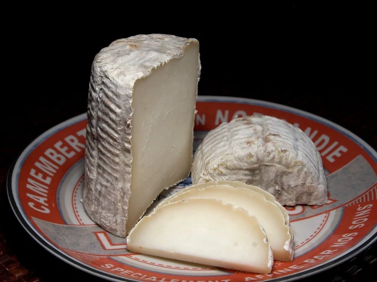 a piece of cheese sitting on top of a red and white plate, by Adam Chmielowski, mingei, white horns, a pair of ribbed, pale ivory skin, rhode island