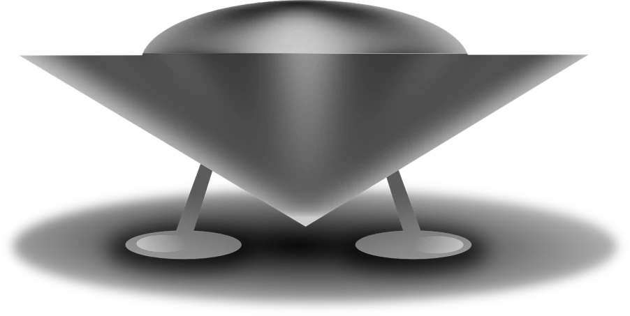 an object in the shape of a triangle, a raytraced image, trending on pixabay, computer art, flying saucer, grey metal body, dark ( spaceship ), table is centered