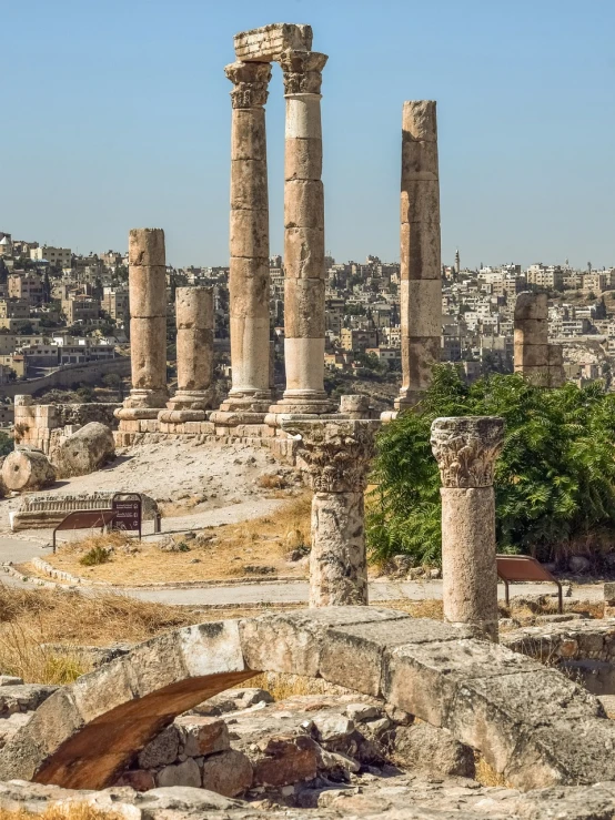 a number of pillars near one another with a city in the background, by Steven Belledin, shutterstock, jordan, in the middle of round ruins, on a bright day, petite