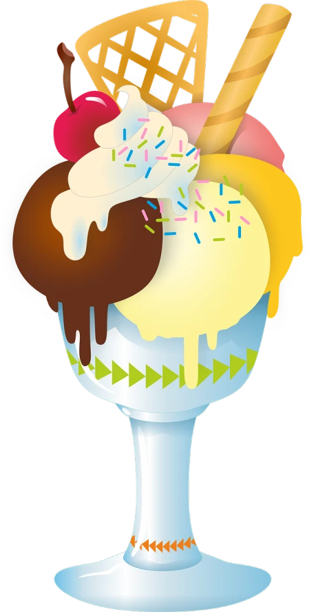 an ice cream sundae with various toppings, a digital rendering, by Matt Stewart, pixabay, sticker design, black, cone shaped, cuts