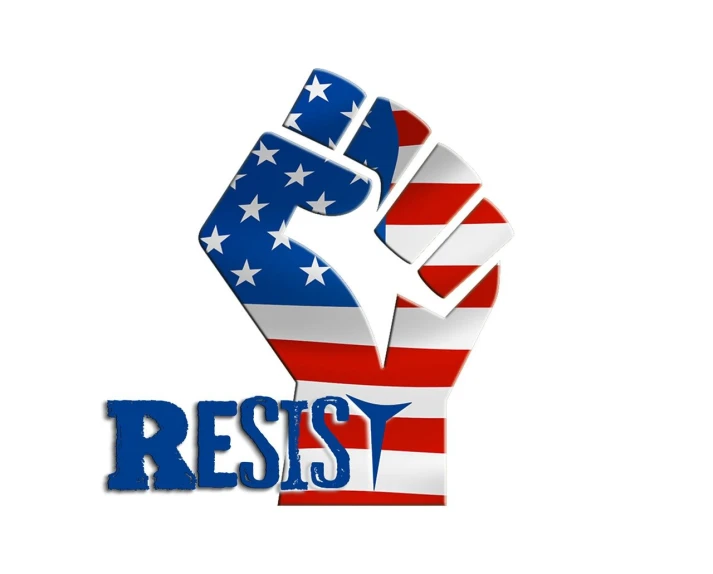 a close up of a fist with an american flag on it, a digital rendering, inspired by Marcos Restrepo, symbol for the word ersatz, resort, with text, resistance