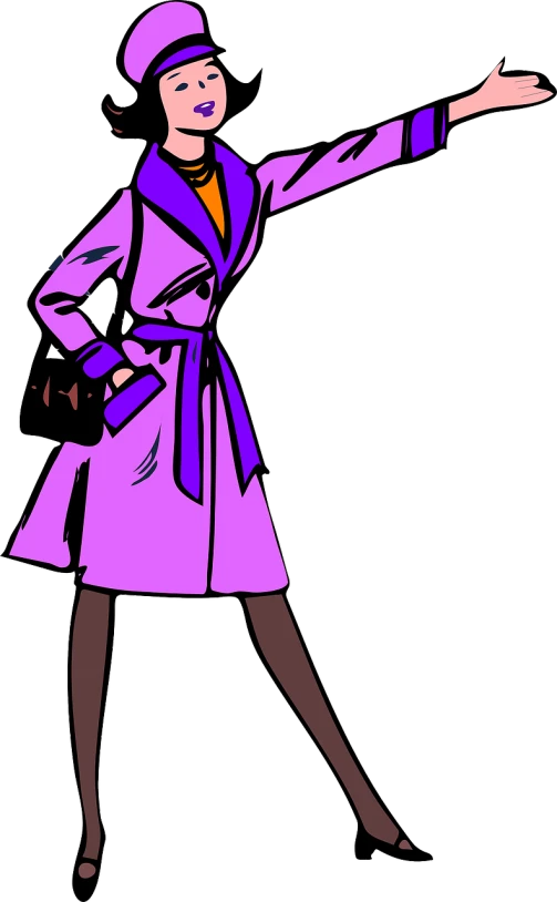 a woman in a purple coat and hat, concept art, inspired by Tex Avery, pixabay, trenchcoat, full_body!!, silk spectre, female spy