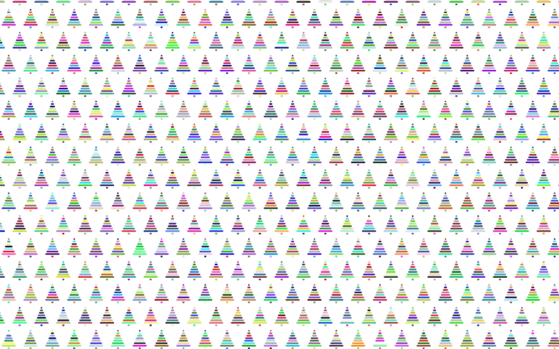 a lot of colorful christmas trees on a black background, a raytraced image, inspired by Alfred Manessier, generative art, vhs tape footage, high definition screenshot, tiny rainbow triangles, large cyberarrays data holograms