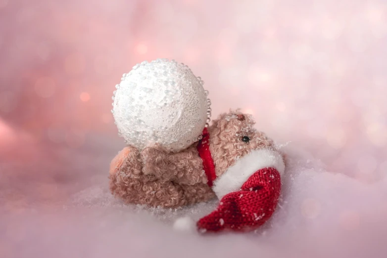 a couple of teddy bears sitting next to each other, a pastel, inspired by Ernest William Christmas, shutterstock contest winner, figuration libre, crystal ball, sugar snow, miniature photography closeup, blog-photo