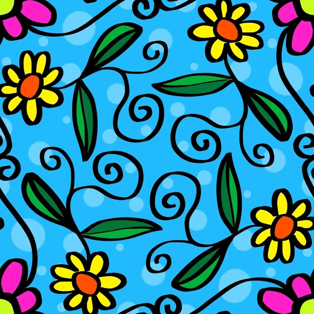a pattern of flowers and swirls on a blue background, a digital rendering, toyism, cartoon style illustration, desenho, stained glass background, daisies