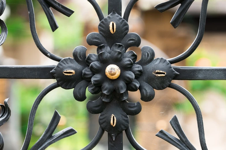 a close up of a wrought iron gate, inspired by ferdinand knab, flickr, depicting a flower, golden detailing, very sharp and detailed image, detail shots
