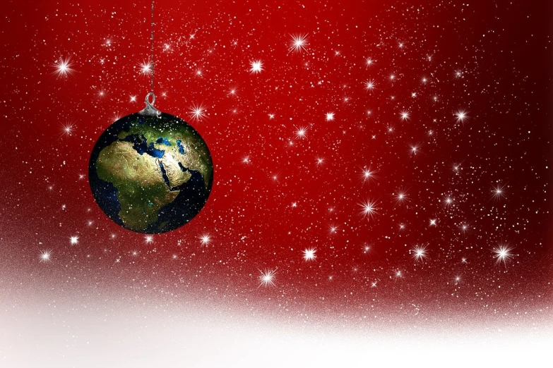 a christmas ornament hanging from a string, realism, planet earth background, background is made of stars, high res photo