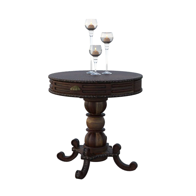 a table with two wine glasses on top of it, a raytraced image, polycount, baroque, standing lamp luxury, wooden furniture, candles. baroque elements, wooden side table